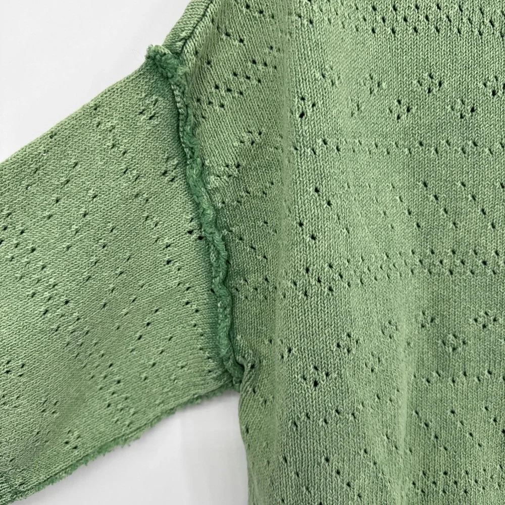 Free People Sandcastle Crop Eyelet Sweater Green Boatneck Knit Boho Preppy XS